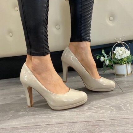 Tamaris Beige Patent Platform Court Shoe 1-22426-20 408.