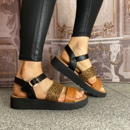 Heavenly Feet "Fleur" Black Leopard Tan Sandal
