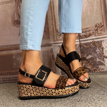 Heavenly Feet "Morven" Black Leopard Wedge Sandal