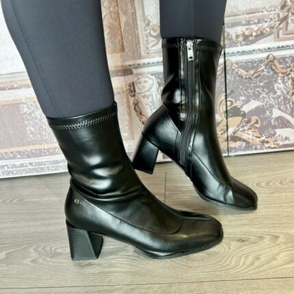 Una Healy "Feathered" Vinyl Black Sock Boot.
